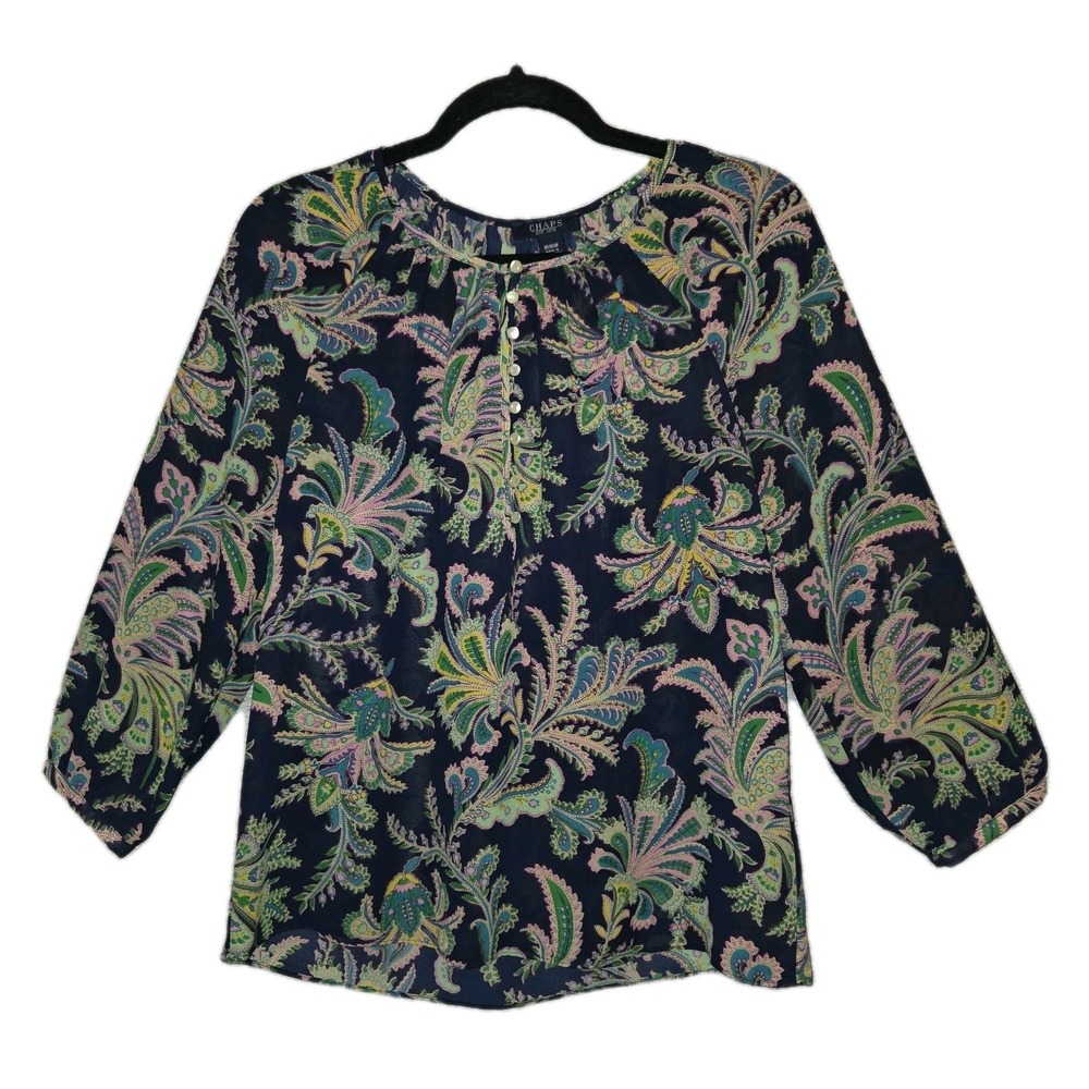 CHAPS Navy Blue Floral Blouse Women's Medium Top Semi-Sheer Long Sleeve Pullover
